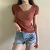 Sommer Slim Dünnes V-Ausschnitt Unterhemd Retro Kurzarm T-Shirt Hundert Gestrickte Pullover Tops Damen Linie Kleidung Lässige Slim Fit Pullover T-Shirts
