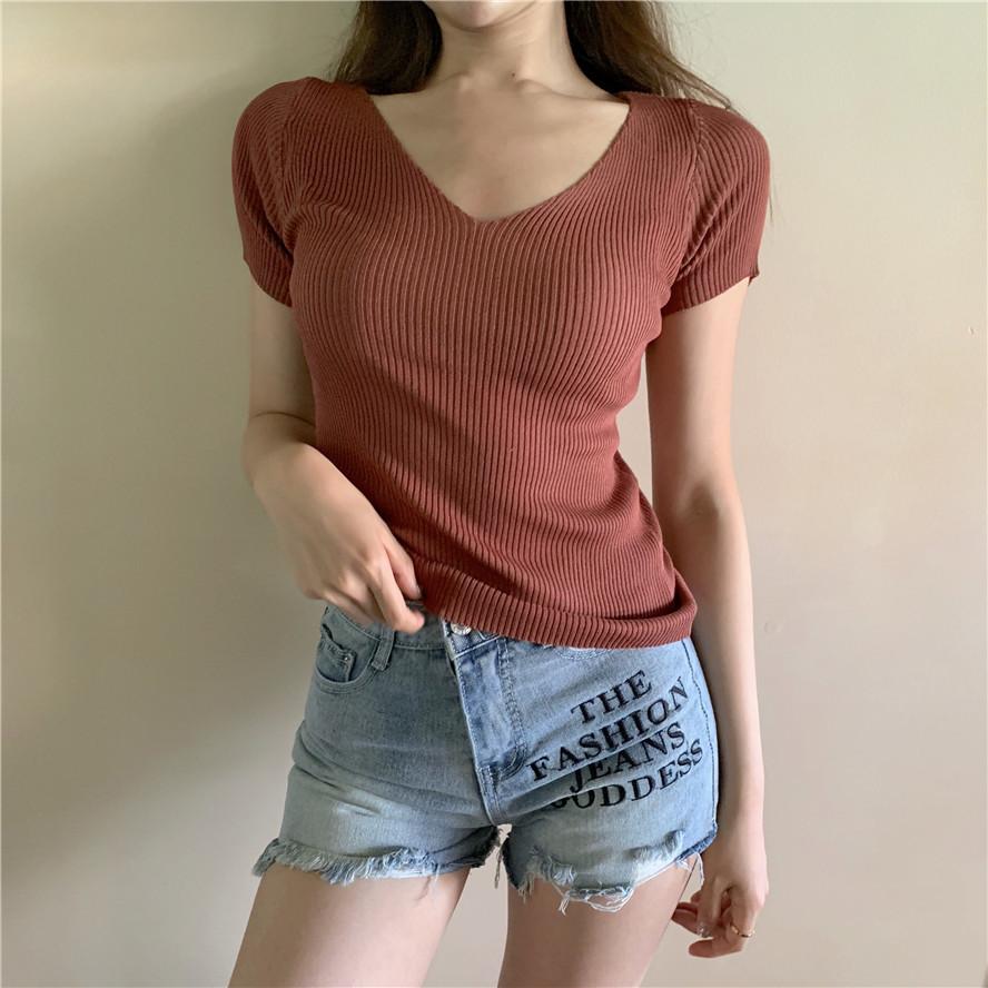 Sommer Slim Dünnes V-Ausschnitt Unterhemd Retro Kurzarm T-Shirt Hundert Gestrickte Pullover Tops Damen Linie Kleidung Lässige Slim Fit Pullover T-Shirts