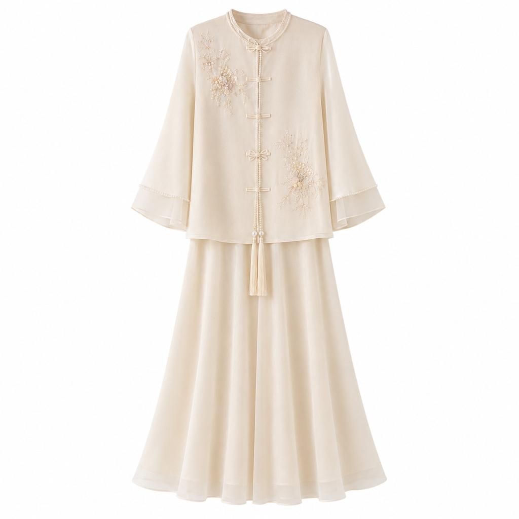 New Chinese Pearl Hemming Stand-up Collar Disc-buckled Embroidered Top Elegant Pendulum Skirt Temperament Two-piece Set P7111
