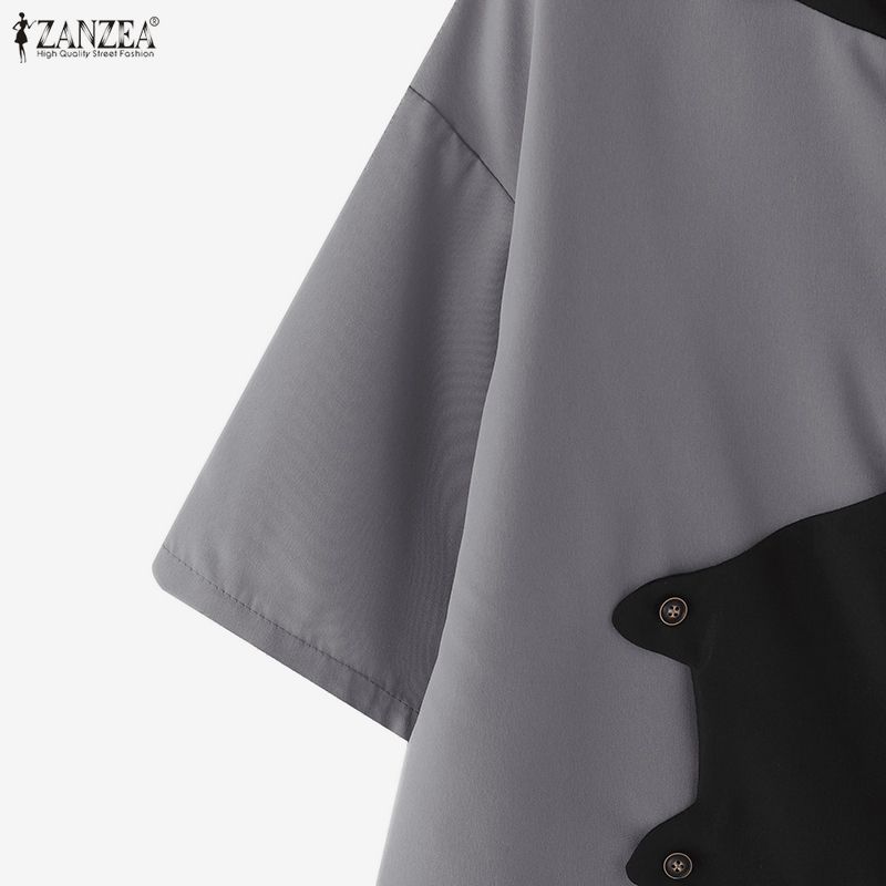 ZANZEA Women Casual Turn Down Collar Loose Short Sleeve Blouse