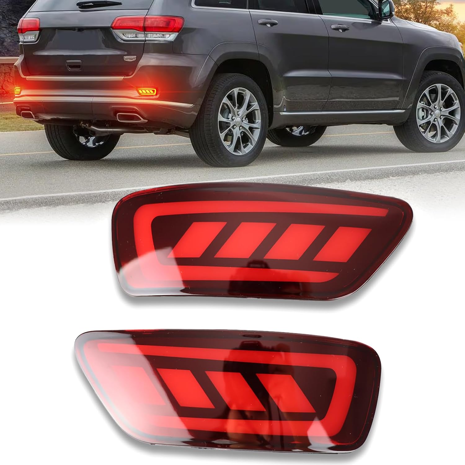 Smoked LED Rear Bumper Reflectors Fog Brake Tail Light Sequential Turn Signal Lamps Compatible with Jeep Grand Cherokee 2012-2021 Compass 2011-2017 красный