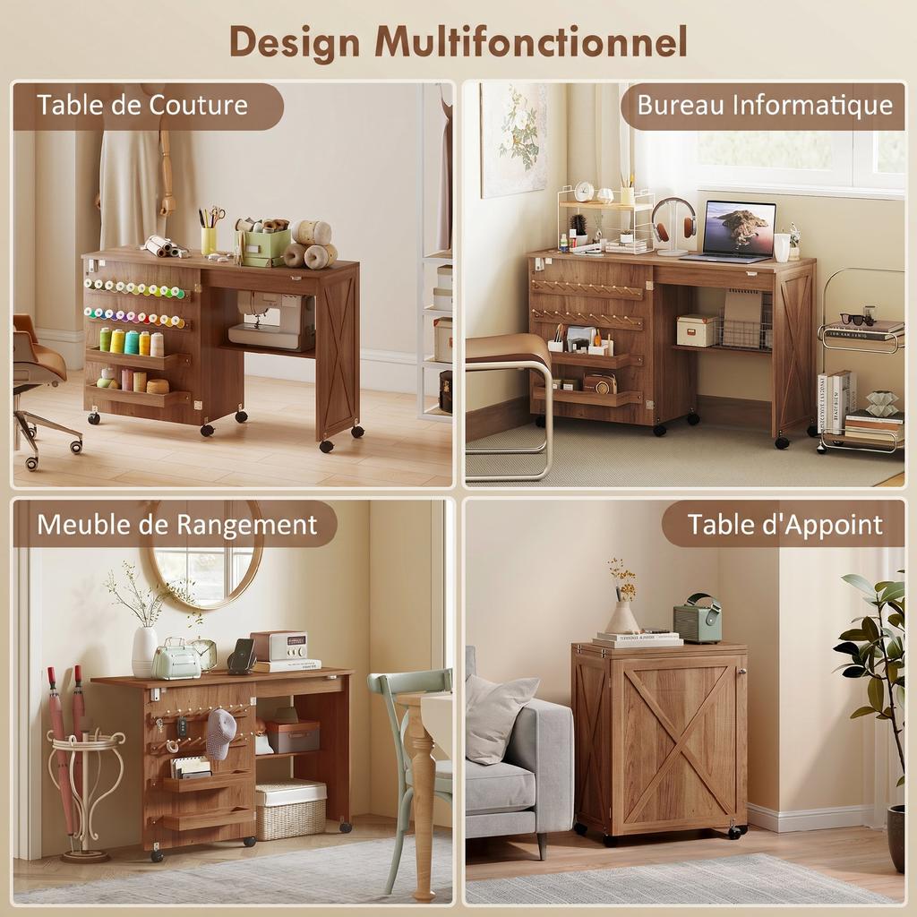 Folding Sewing Table, Rolling Cabinet, Magnetic Barn Door, 2 Bins, Shelf, 18 Pegs, Brown