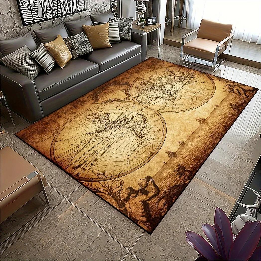 

Vintage Nautical World Map Area Rug – Non-Slip, Machine-Made for Living Room, Bedroom, Game Room, Dorm, Door Mat 40x60cm