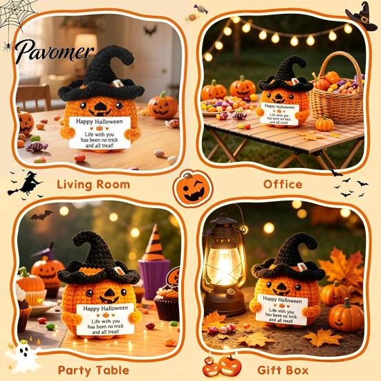 Hand Crocheted Seasonal Gift Handmade Crochet Positive Pumpkin with Witch Hat, Fall Boo Basket Stuffer, Woolen Ornament Mini Knitted Plush Figurine,