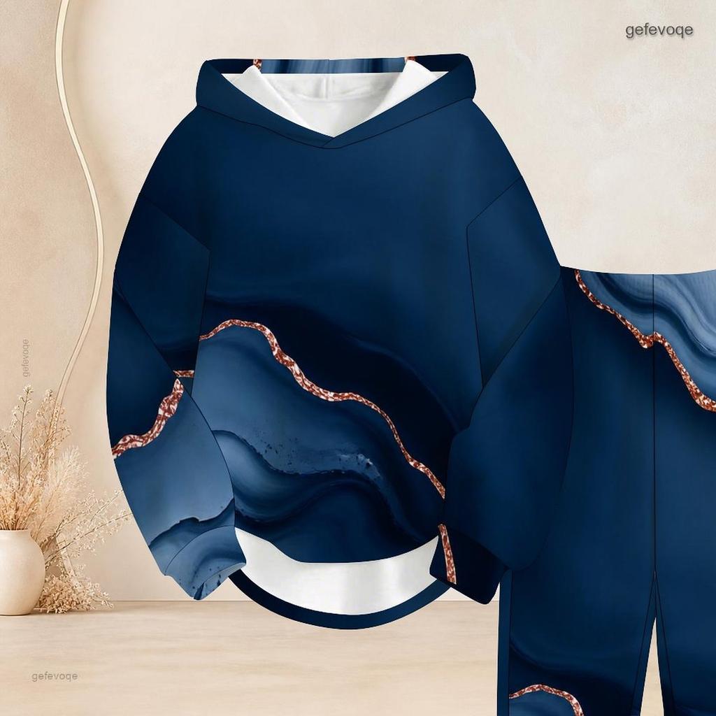 Women Plus Size Blue Printed Two Piece Pants Set Hooded Long Sleeve Top Cuffed Pants