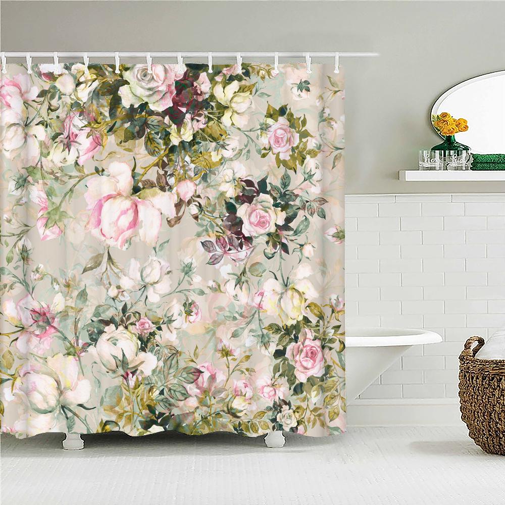 3D Colorful Flowers Leaves Birds Printing Bathroom Waterproof Shower Curtain with Hooks Home Decoration Polyester Bath Curtains