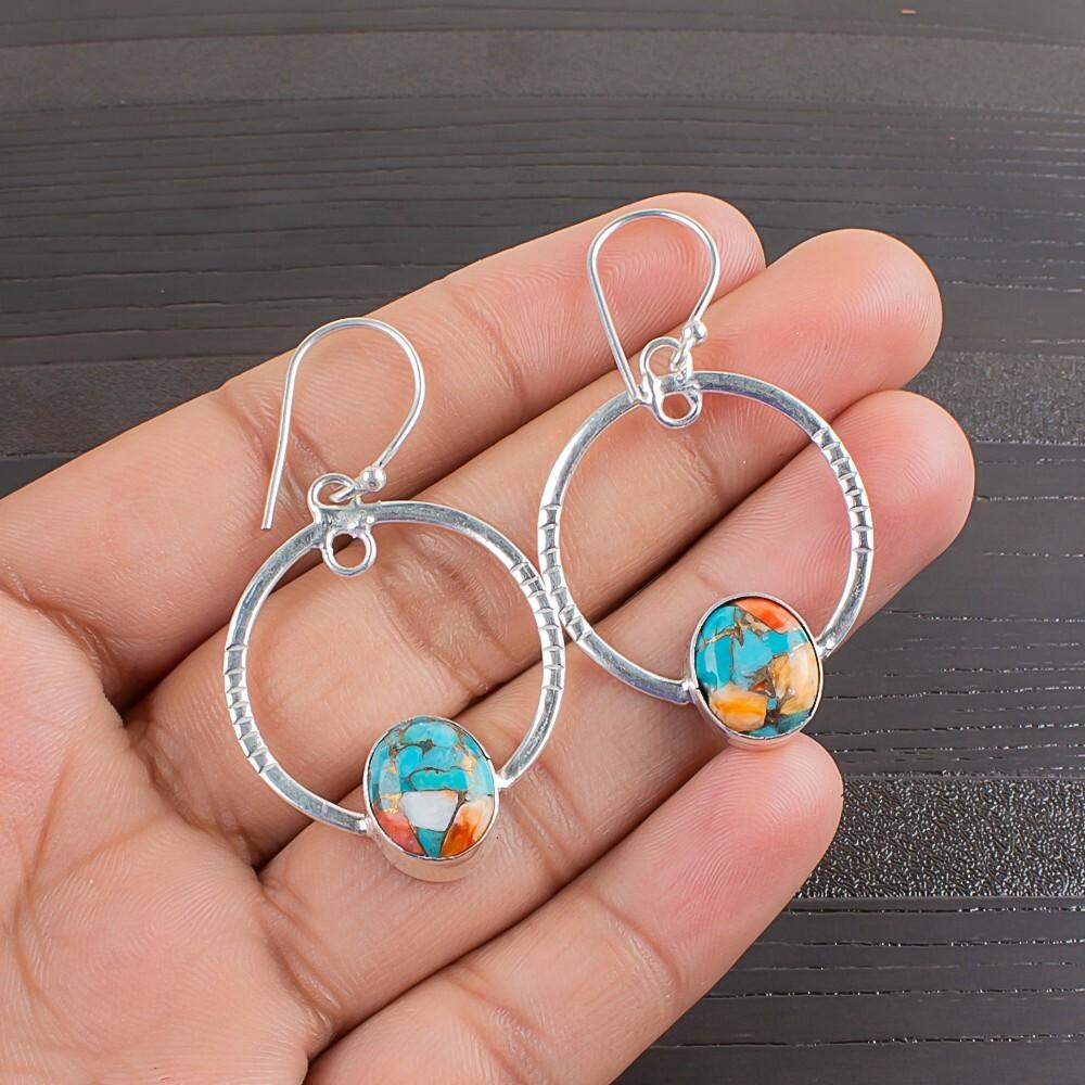 Rare Spiny Oyster Gemstone 925 Sterling Silver Jewelry Handmade Earrings 1.37" EE-67-21