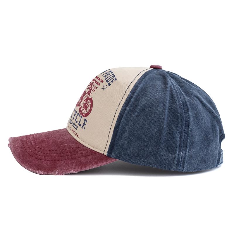 Nová baseballová čepice s potiskem motocyklů Vintage Color Block Washed Cap Nastavitelné tatínkové klobouky pro ženy Muži