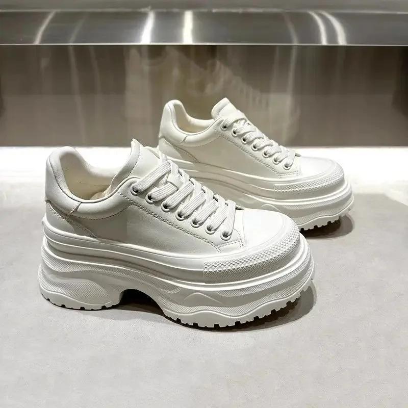 European Style Casual Women's Shoes 2025 New Autumn Collection 8cm Increased Height Thick Sole Old Fashioned White Shoes