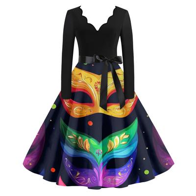Women's Casual Fashion V Neck Long Sleeve Printed Vintage Long Dress