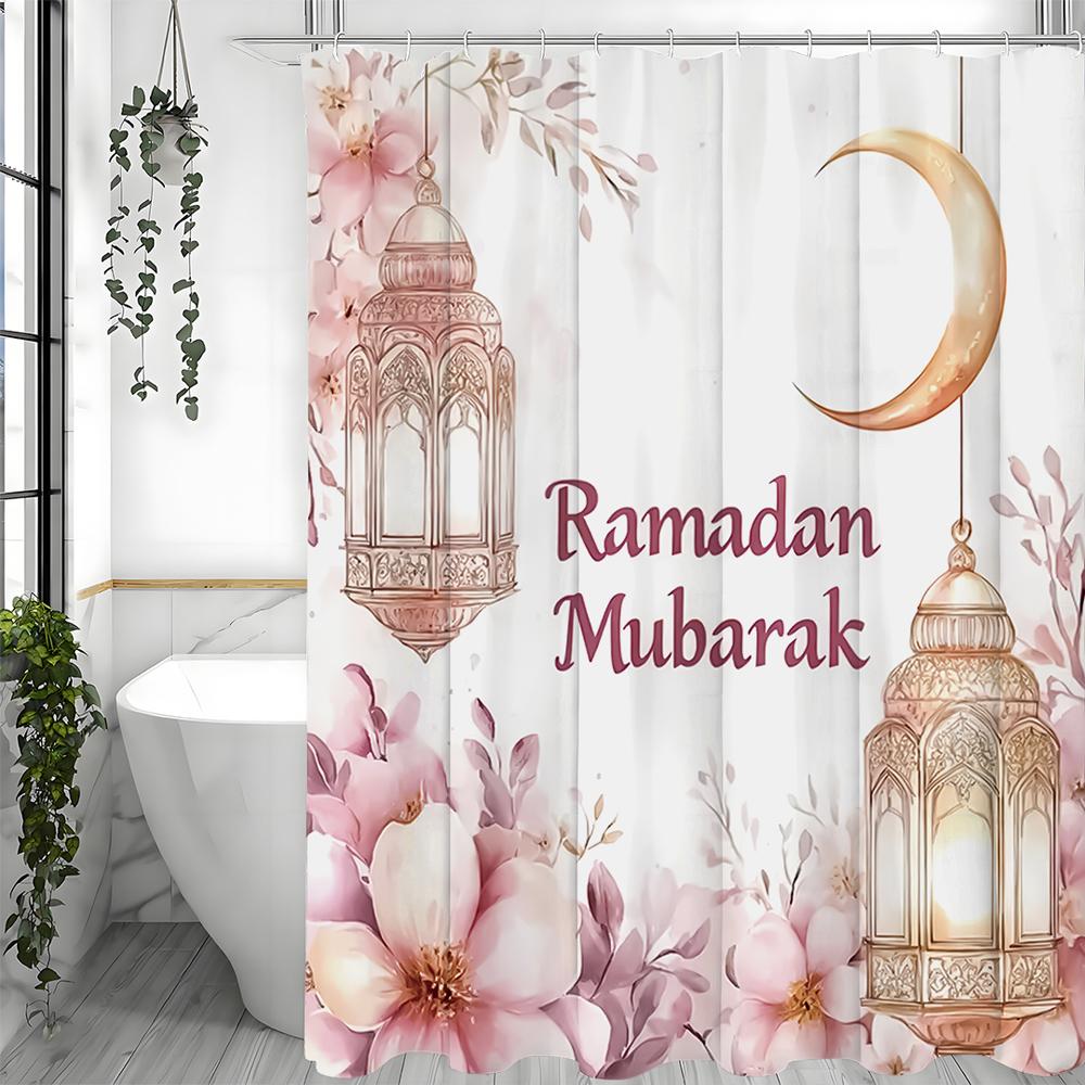 Pink Floral Bird Moon Shower Curtain, Bathroom Decorative Shower Curtain, Waterproof Shower Curtain with Hooks