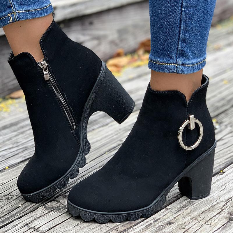 Woman Ankle Boots Spring Autumn Pointed Toe Low Heel Single Boots Black Heeled Suede Thick Heel Black Short Boots Plus Size 42