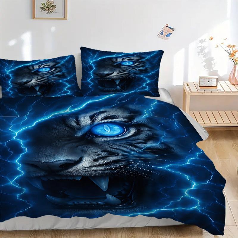

3pcs Tiger Lightning Print Duvet Cover Set - Machine Washable, Includes 1 Cover and 2 Pillowcases, No Core Included yy251013032 135x200cm