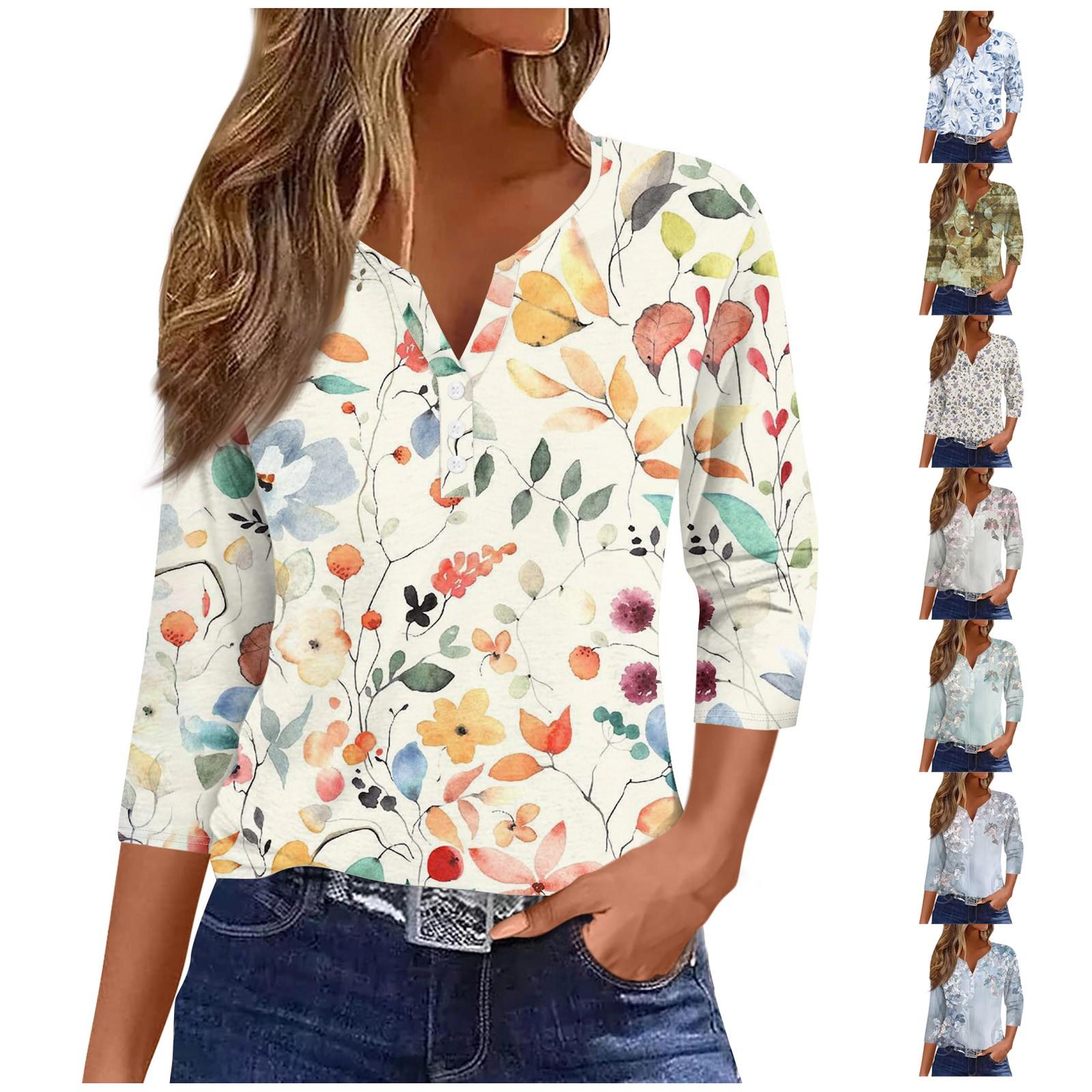 

Жен. Футболка Футболка С принтом Пуговицы Рукав 3/4 Повседневные Выходные Мода Классический Классический V-образный вырез Обычный Верх L бежевый