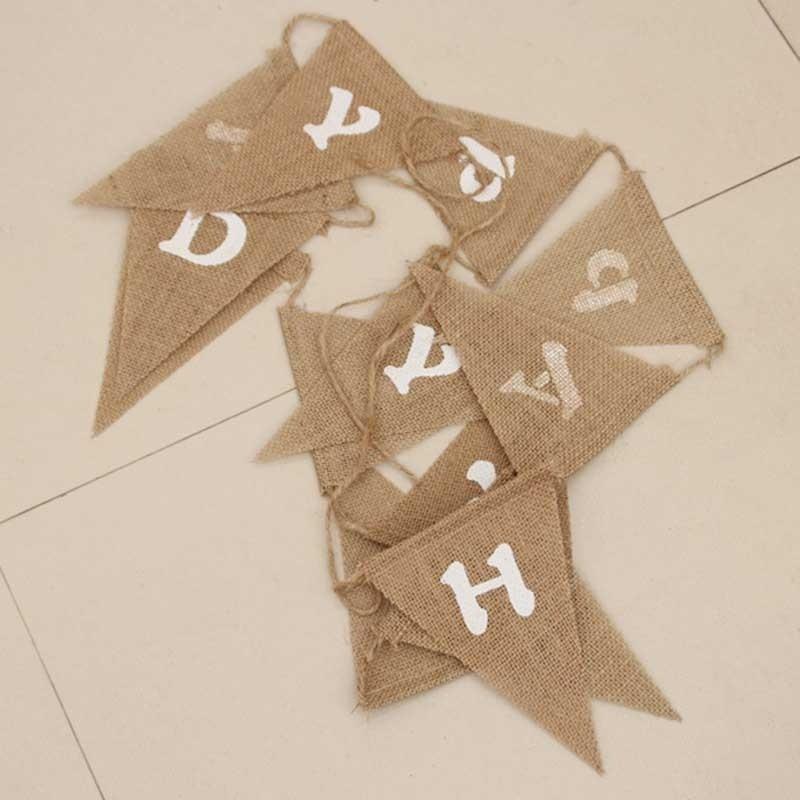 New Vintage Burlap HAPPY BIRTHDAY Banner Party Bunting Decor Garland 13 Flags 16*13cm Brown Burlap + Whi