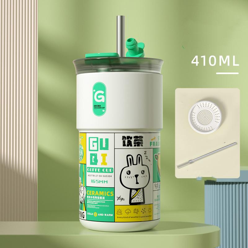 2025 New Fashion Thermal Water Bottle Ceramic Coffee Insulated Cup Portable In Car Dual Drinking Straw Cold Cup Thermal