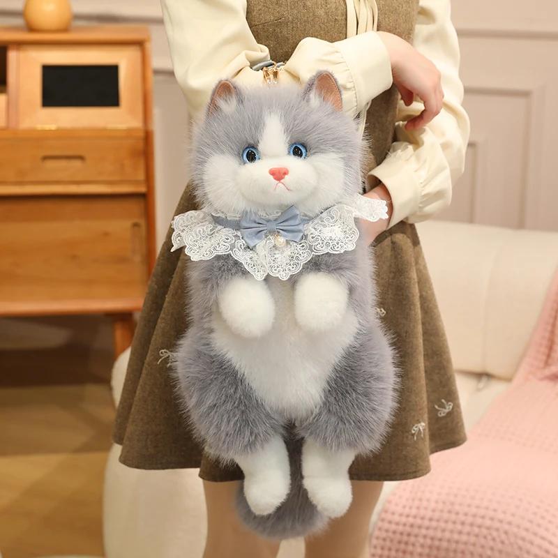 Adorable Realistic Ragdoll Cat Plush Backpack Soft Fluffy White Black Cat Shoulder Bag With Adjustable Strap Cute Cat Bag