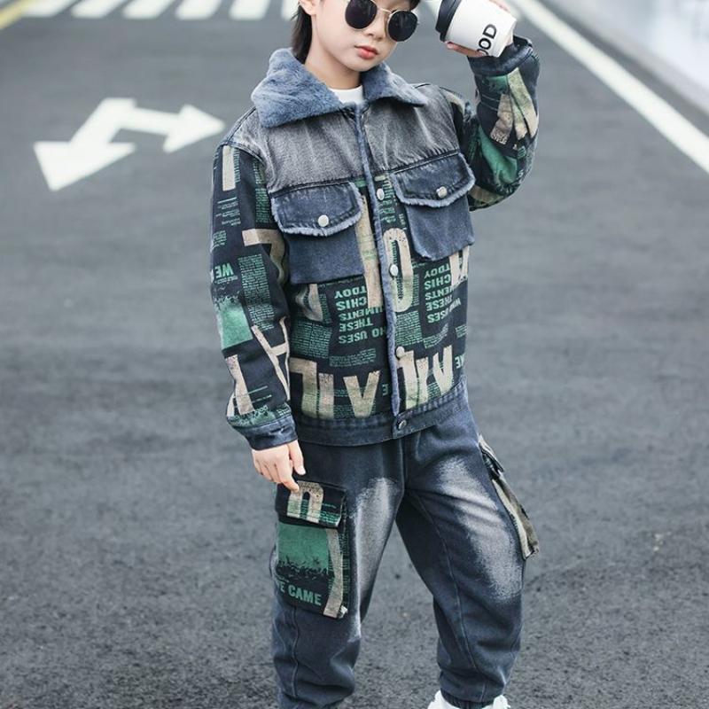 Children's Clothing Boys Winter Denim Suit Plus Velvet Thick Jacket Jeans 2-piece Boy