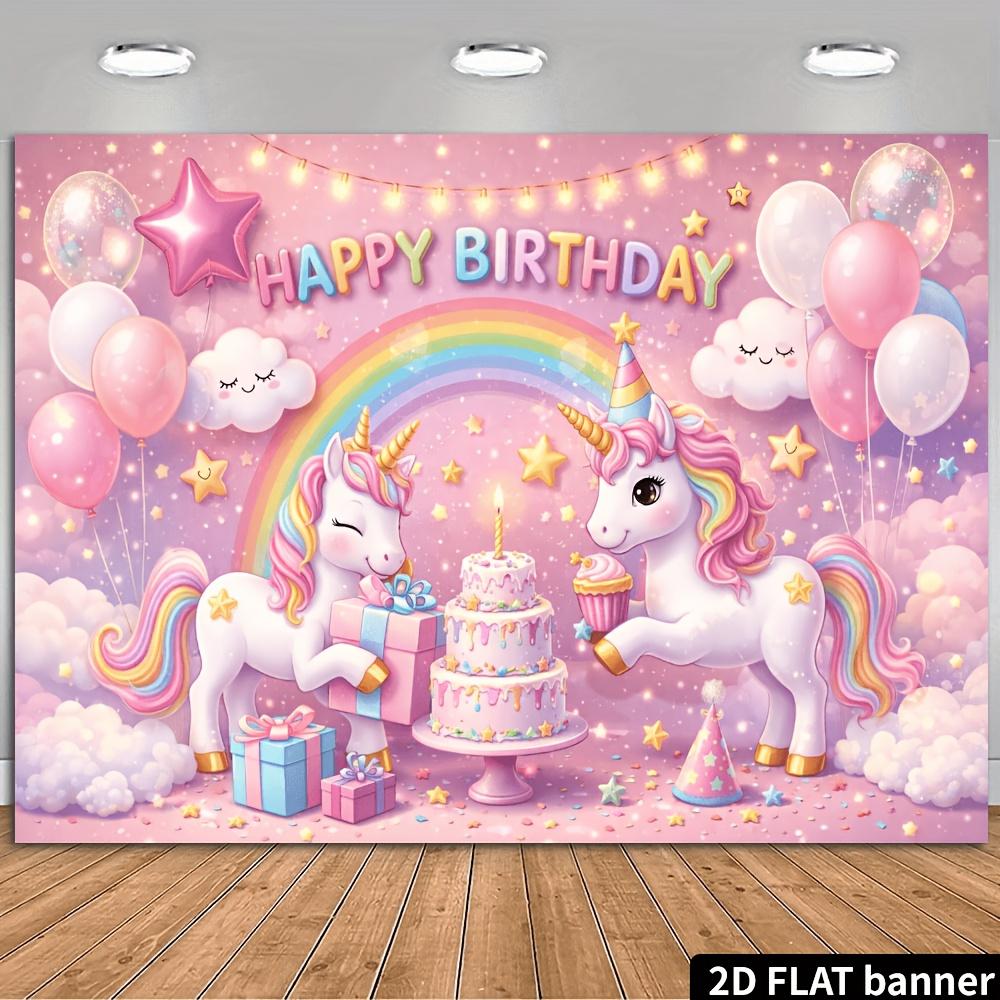 2D planar unicorn-themed birthday party banner background made of durable polyester material for wall decoration