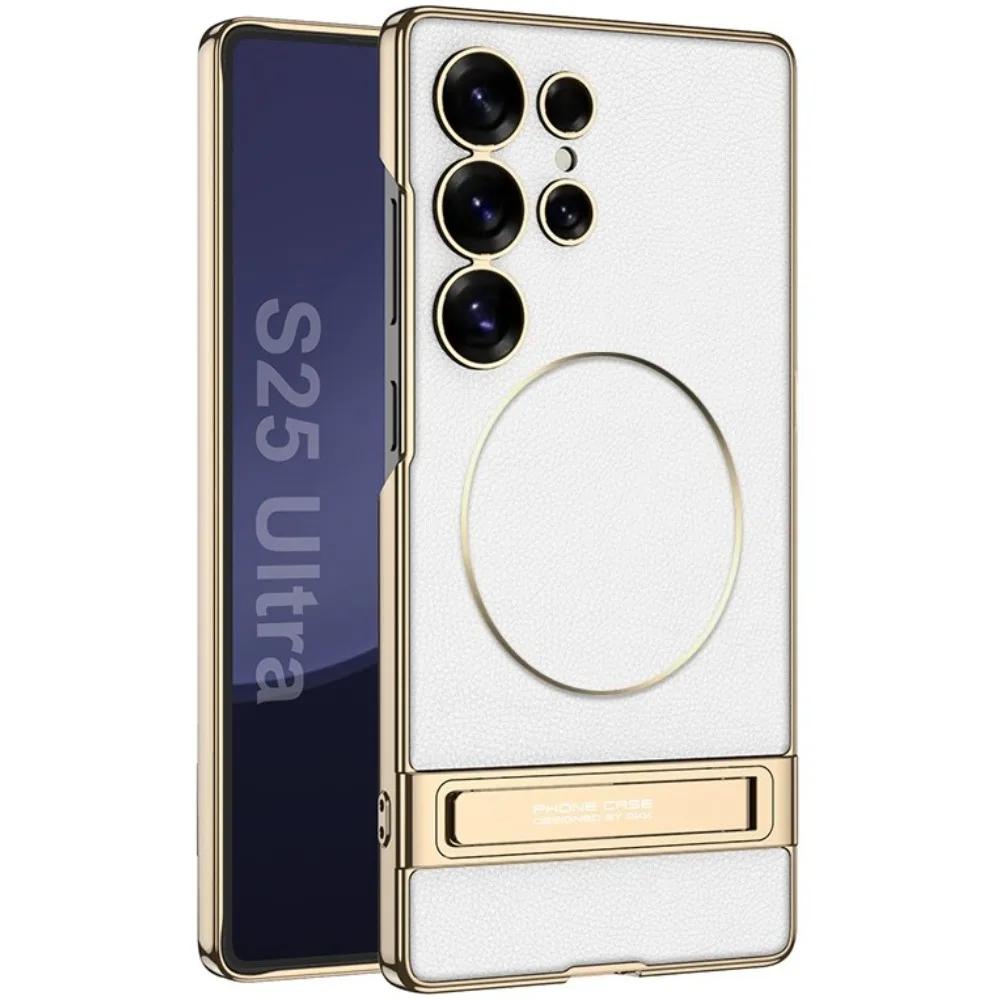 

Magnetic Shockproof Electroplated PU Leather Hard Phone Case with Invisible Stand for Samsung Galaxy S25 Ultra Magsafe Cover Galaxy S25 Ultra