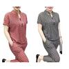 Women's Plaid 2 Piece Outfits Sleeve Top And Button Short Cropped Skinny Pants Matching Set Summer