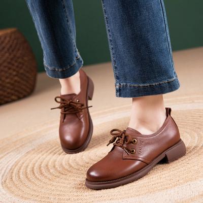 First Layer Cowhide Loafers Women's Autumn New Genuine Leather New Soft Sole Soft Surface Lace-up Flat Bottom Work Shoes Small Leather Shoes