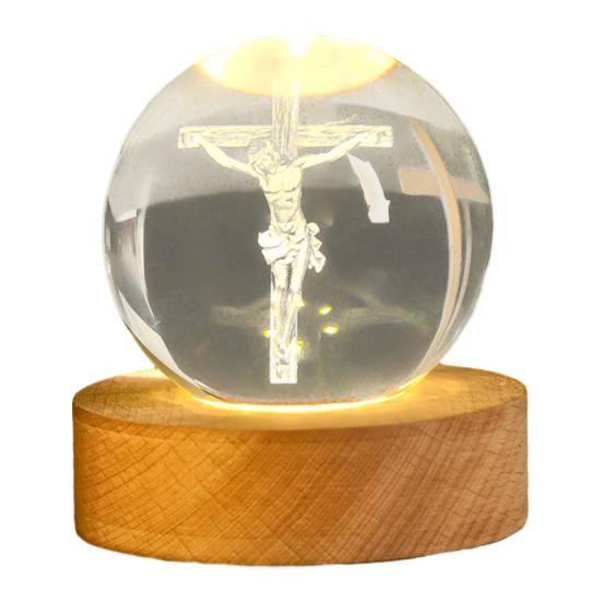 3D Hands Prayer Faux Crystal Ball with Wooden Base Clear Engraved Prayer Hand Ball Night Light Religious Christian Gifts for Women Men