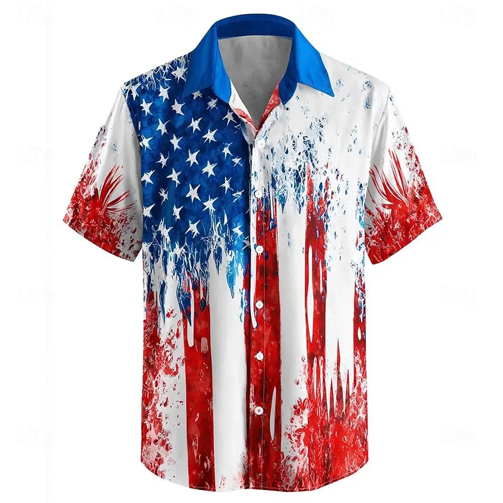 

100% Polyester Fiber Men s Summer Short Sleeved Flag Printed Casual Shirt Men s Street Hip-hop Shirt Top 5XL