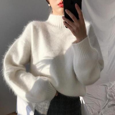Women's Clothing Casual Solid Color Mohair Thicken Knitted Sweater Female Turtleneck Jumper Pullover Loose Long Sleeve Top