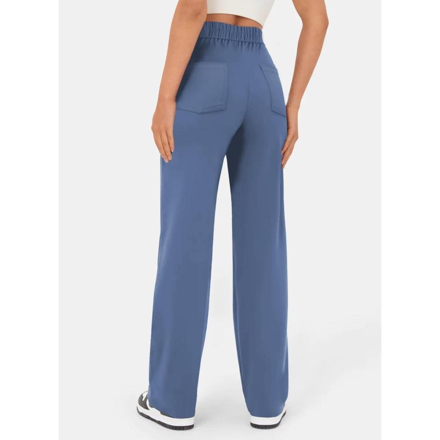 Fashionable Women's Casual Straight Leg Pants with High Waist Button Elastic Band Multiple Pockets Trousers Women’s