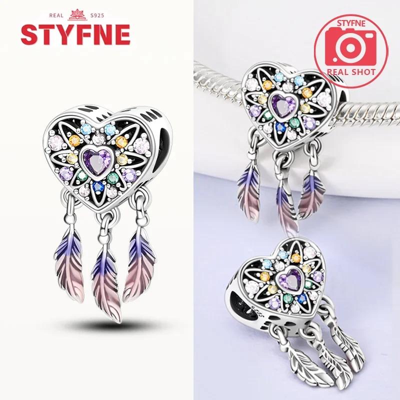 copper Colorful Zircon Heart Charm Bead Charms Dreamcatcher Feather Bead Charms Compatible With Fine Authentic Bracelets Jewellery Making Gifts for Wo