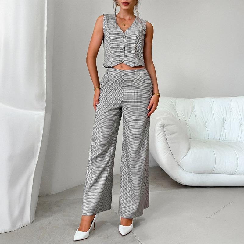 Women's checkered cardigan suit vest wide-leg trousers suit women's clothing