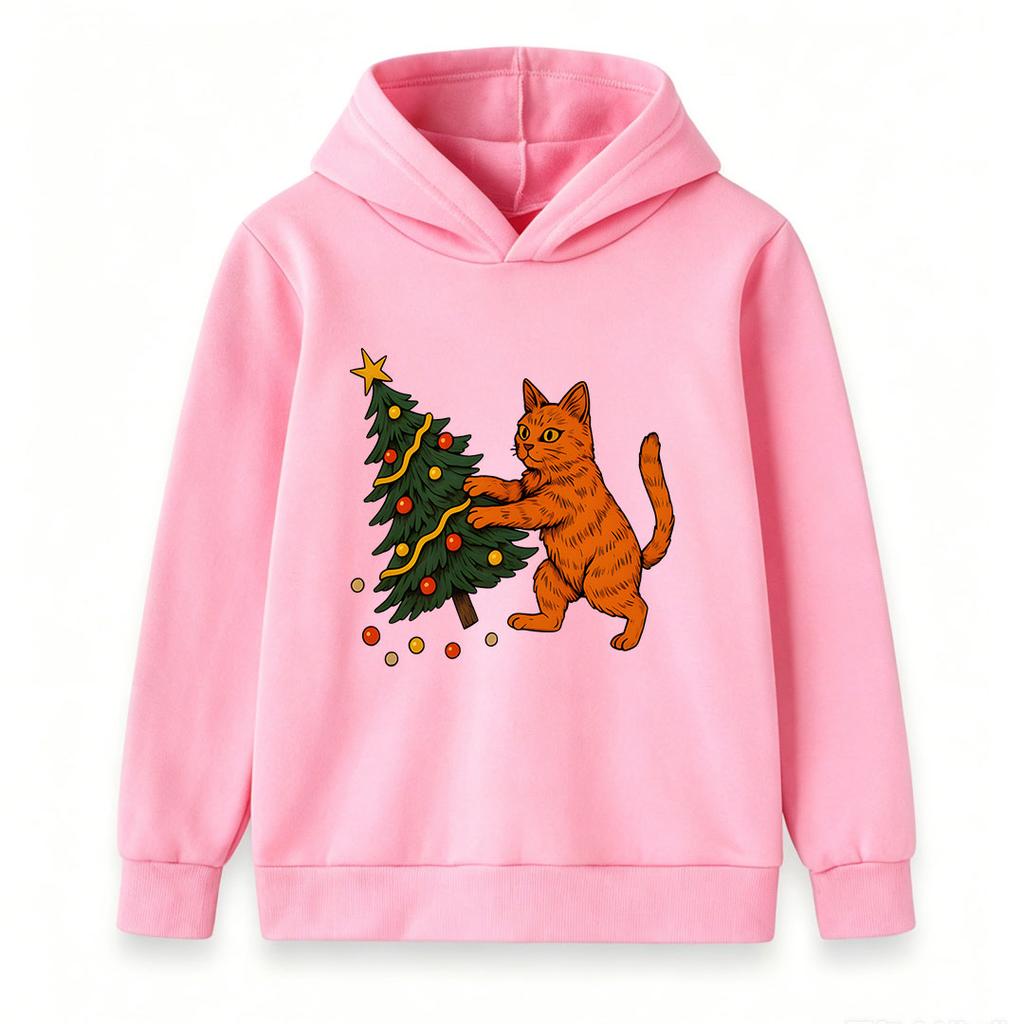 Kids Boys Girls Pullover Hoodie, Funny Orange Tabby Cat Pushing Christmas Tree Graphic Casual Warm Holiday Hooded Sweatshirt for Xmas Party Daily Wear