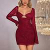 New Mesh Hollowed-out Horn Long-sleeved Dress, European and American Sexy Backless Sequin Suspender Short Skirt