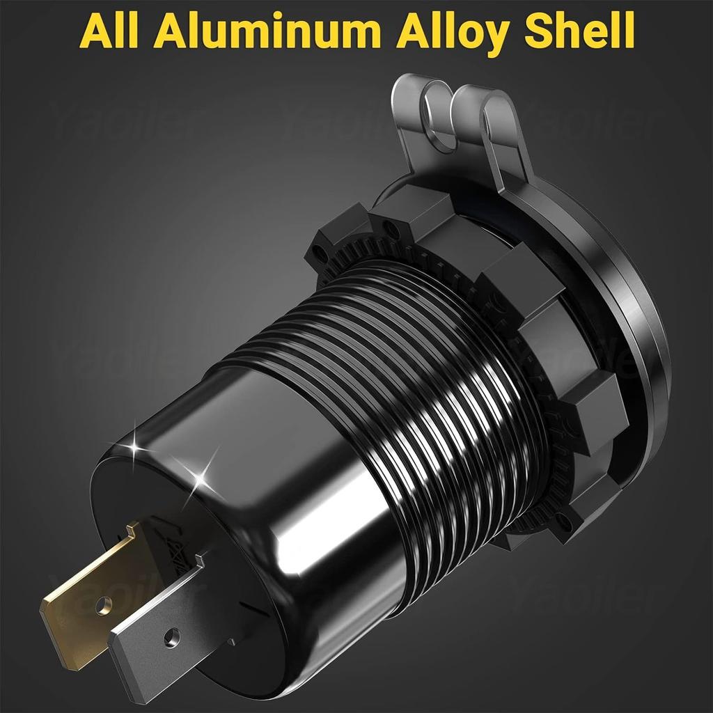 12V USB C Charger Outlet Aluminum Car Charger Socket Dual PD and Dual QC3.0 Car USB Port for Boat Marine Truck RV Motorcycle