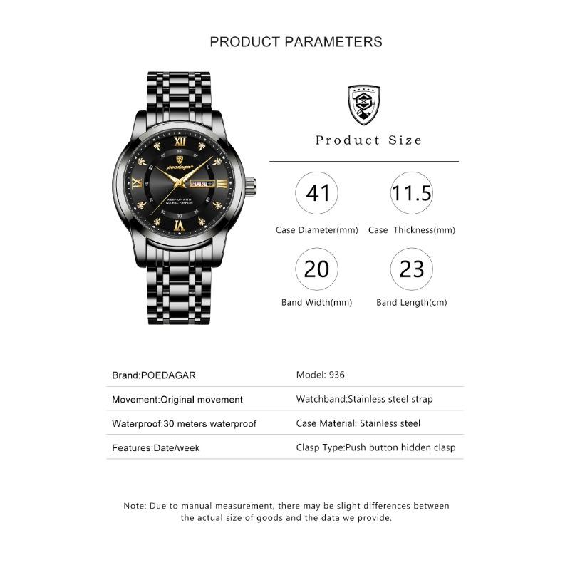 POEDAGAR Sport Casual Man Wristwatch Waterproof Stainless Steel Luminous Original Watch Date Week Quartz Watches Reloj