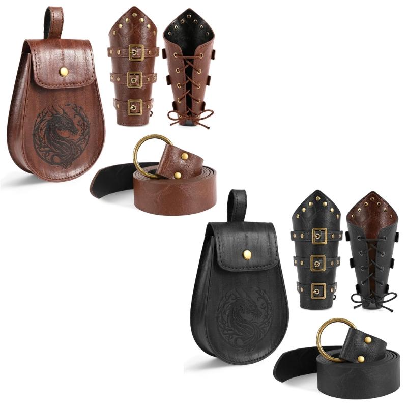 Men's Renaissances Costume Vikinges Costume Accessories Set Medieval Pirate Leather Belt Waist Bag Halloween Costumes