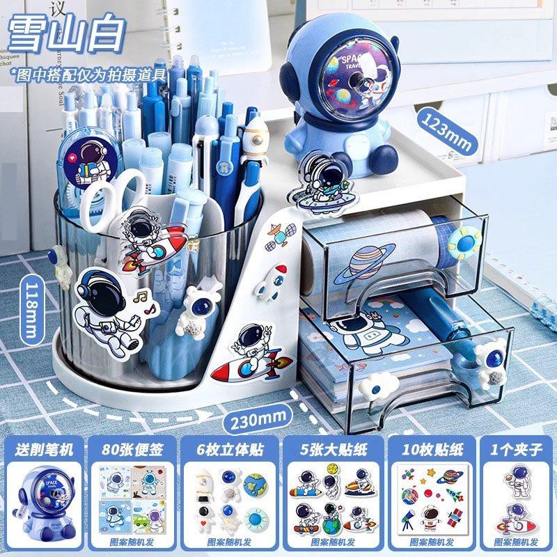 1set Pen holder storage box, large capacity children s student desk drawer style three in one 360 degree astronaut pen holder