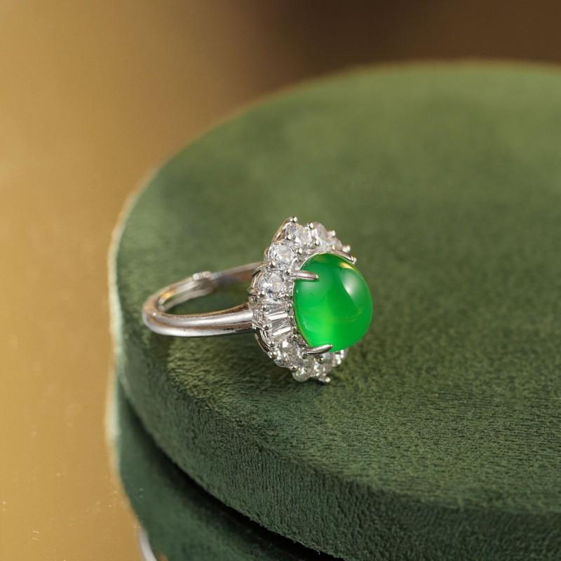 Adjustable Open Ring Women Men Geometric Green Chalcedony Stone Jewelry French Vintage Style