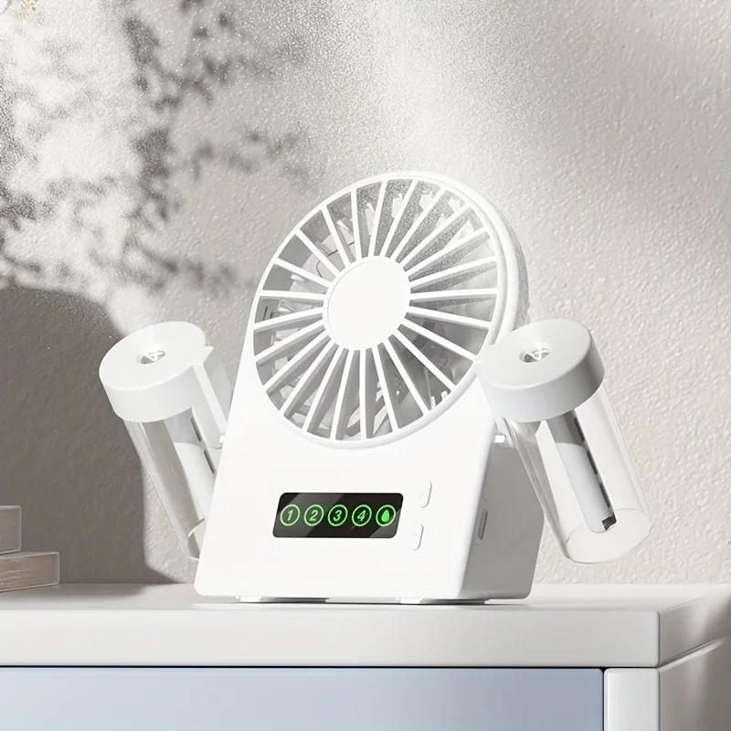 USB Rechargeable Dual Mode Fan 1200mAh Battery Adjustable Speeds Rotating Head Cool Mist Spray Digital Display Portable for Home