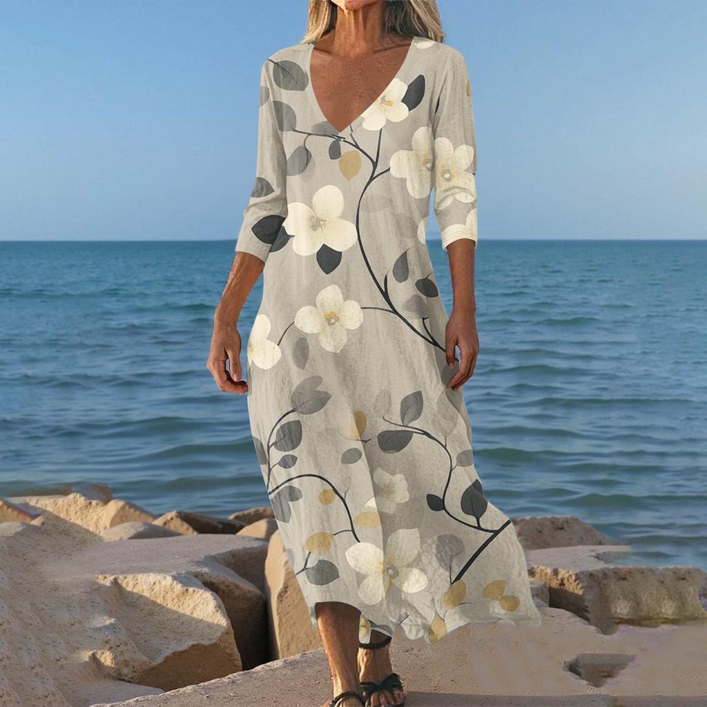 Sukienki Damskie Sukienka Midi z Tuniką w Stylu Vintage z Nadrukiem, z Wcięciem w Talii, Letnia Codzienna Sukienka z Rękawem 3/4