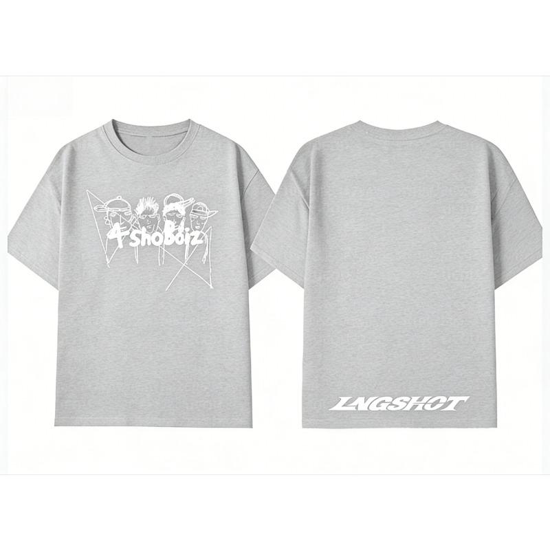 Vintage 4shoboiz Group Sketch Print T-Shirt LNGSHOT Letter Back Print Oversized Hip Hop Tshirt Men Y2K Streetwear Short Sleeve