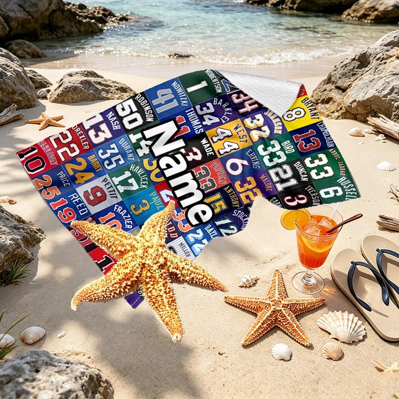 Custom Name Personalized NBA Print Beach Towel, for Trip Camping Beach Party Home Decor, Birthday Gift for Family & Friends