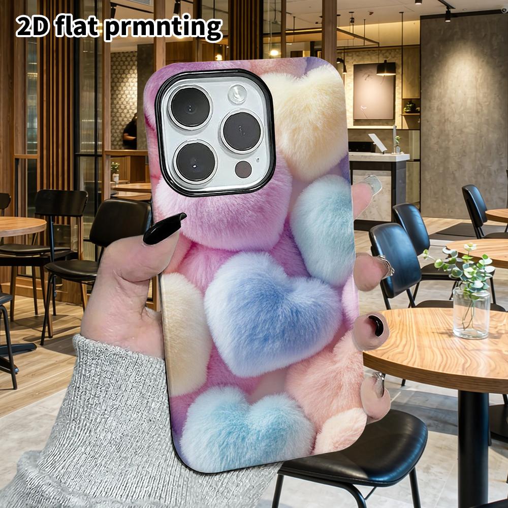 Phone Case: 2D Flat Suitable for iPhone 18 17 16 15 14 13 Pro Film Protective Case, Couple Style, Plush Heart, Christmas and Halloween Holiday Gift