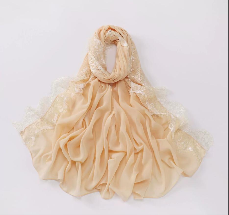 New Muslim Chiffon Hijab With Lace Muslim Scarf Long Shawls Solid Headscarf Wraps Embroidered Lace Muslim Turban Femme Hijab