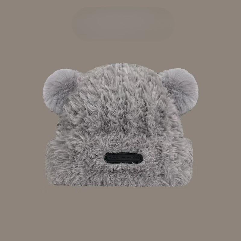 Brief Niedlich Kleine Bärenohren Einfarbig Weiche Plüschmütze Damenmode Winter Verdickt zum Warmhalten Ohrenschutz Gestrickt Mütze ohne Schirm