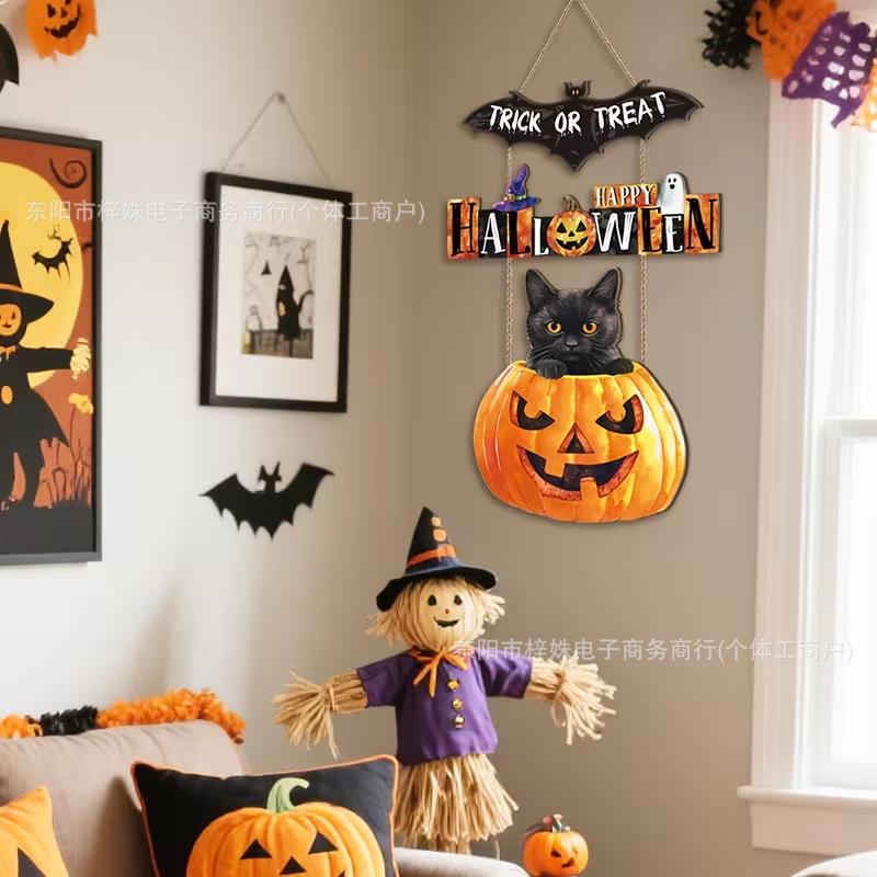 Wooden Halloween Door Hanging Decorations Bat Pumpkin Porch Sign Wall Decor Haunted House Ghost Spider Web Holiday Indoor Outdoor Home Ornament