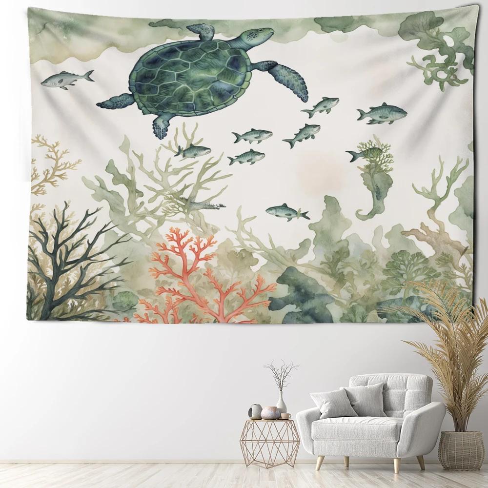 Green Turtle Small Fish Seaweed Tapestry Wall Hanging Natural Art Scenery Bohemian Dormitory Bedroom Home Decor