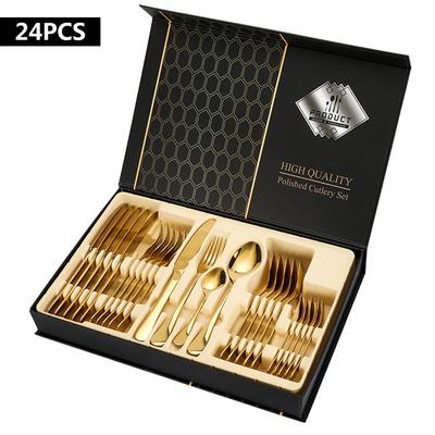 24 PIÈCES Or Vaisselle Couverts Service de Dîner Ensembles de Couverts Assiettes Couteaux Fourchettes Cuillères Acier Inoxydable Service de Table de Dîner de Cuisine Occidentale