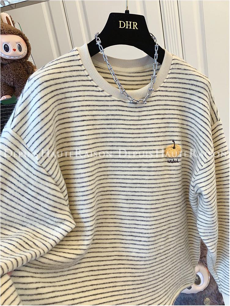 Korean Style Embroidered Pumpkin Stripe Long Sleeve Women's Plus Size Casual Top